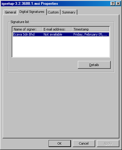 A digitally signed file's properties