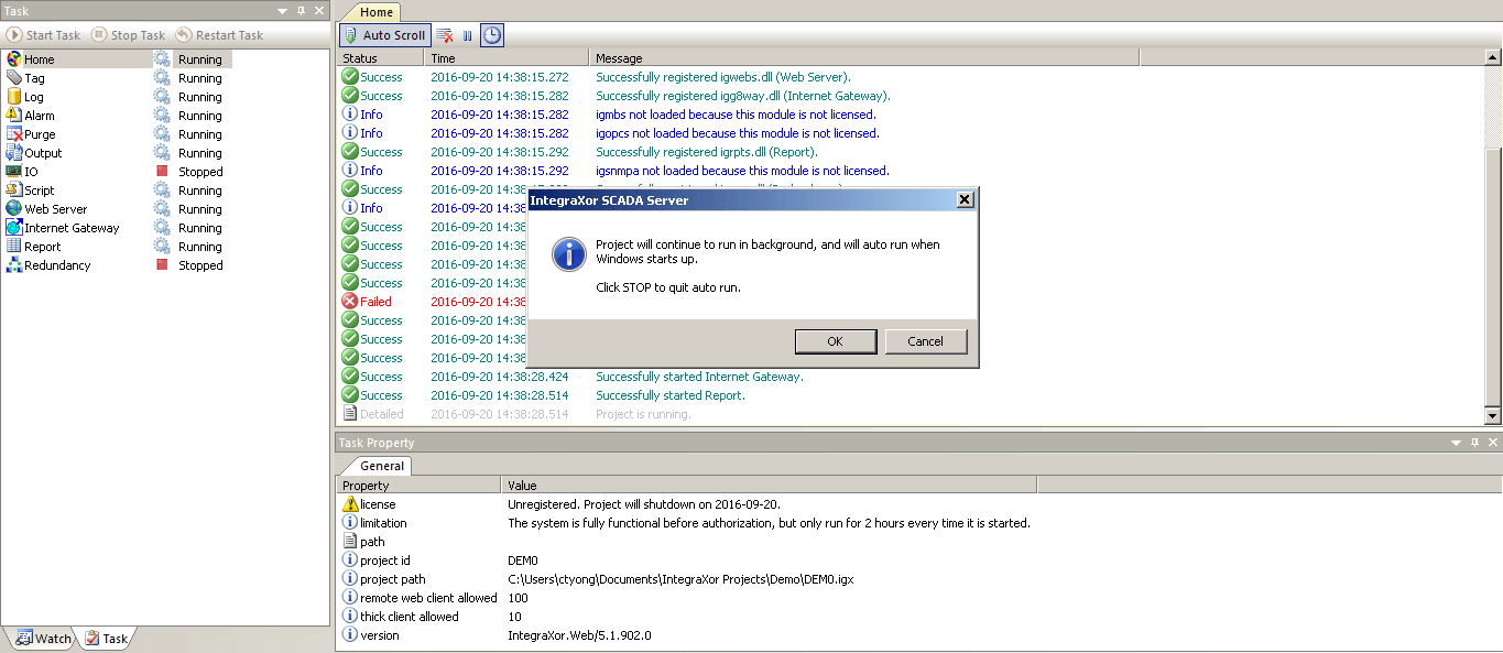scada service mode running background message