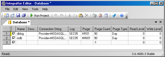 Project Editor Database Configuration